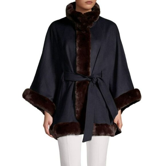 Ellen Tracy Fur Trimmed Wool Blend Cape Coat XL - Picture 1 of 10